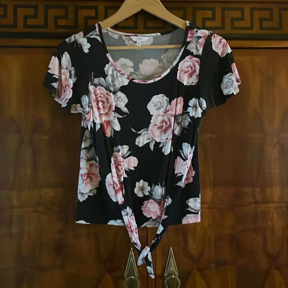 Candie's Black Floral Tie Front Top Juniors S Roses Short Sleeve Boho Y2K